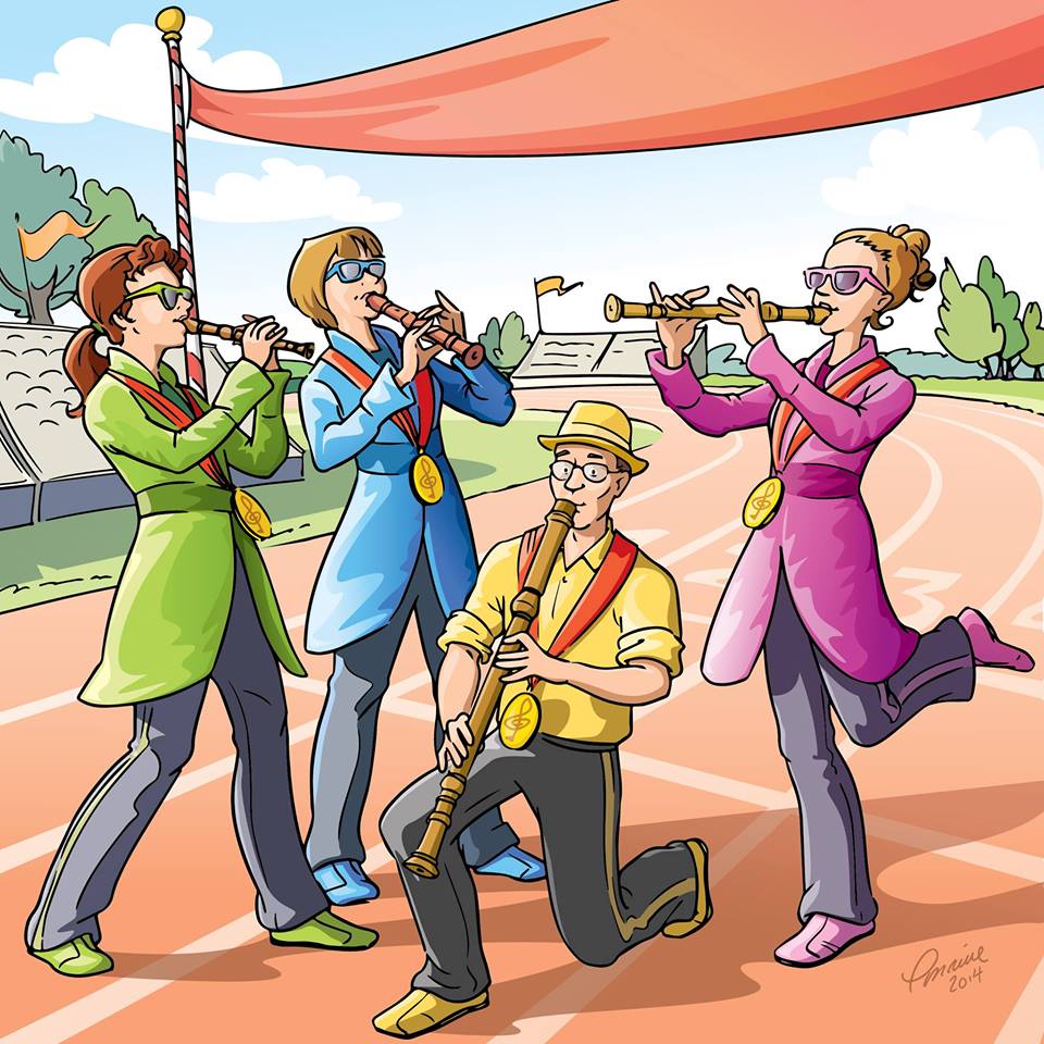Four adults playing recorders at a racing finish line